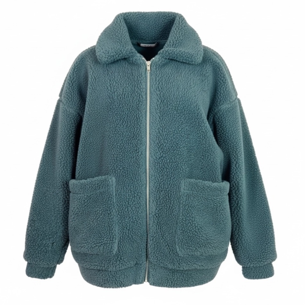 GRADE & GATHER GREEN FLEECE FULL ZIP TEDDY OVERSIZED SHERPA JACKET WOMENS SMALL